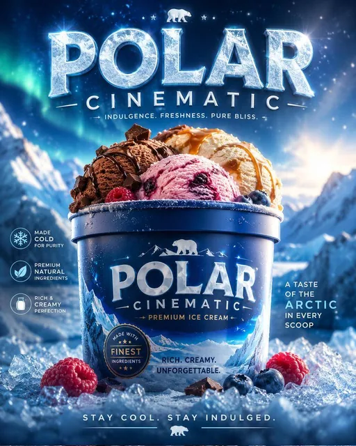 Create a captivating advertisement featuring a photo container of ice cream titled " Polar Cinem atic ." Highlight the c
