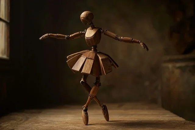 A wooden automaton version of a [subject], jointed with brass pins, natural wood tones in [cherry], [walnut], and [pine]