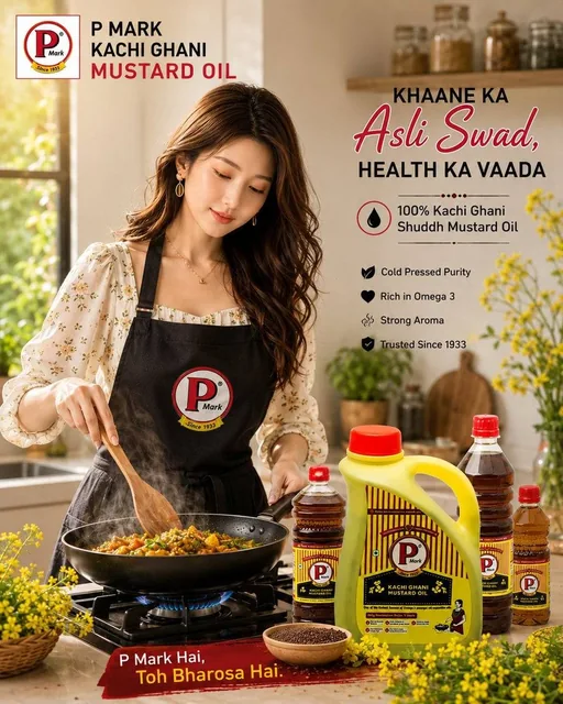 Ultra realistic premium Indian mustard oil advertisement poster for “P MARK KACHI GHANI MUSTARD OIL”, warm luxury kitche