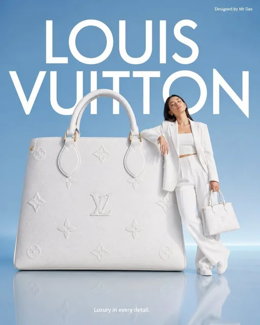 Minimalist commercial ad featuring oversized white Louis Vuitton handbag, ultra-clean design. A young woman in all-white