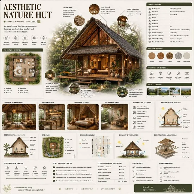 Create a premium square reference-style architectural infographic centered around a beautiful aesthetic nature hut, desi