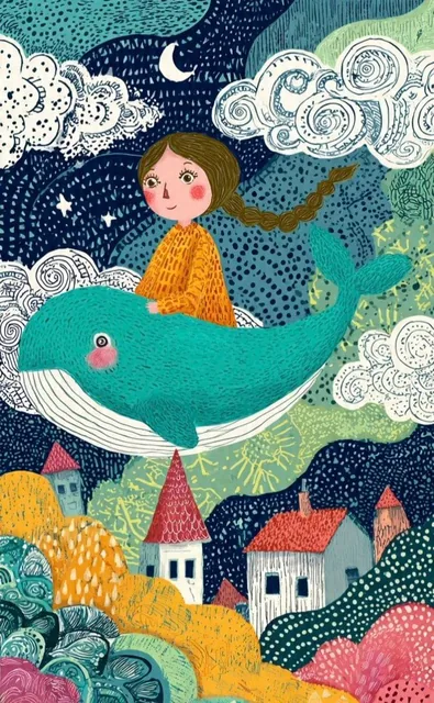 These two illustrations showcase a whimsical, folk-art style characterized by vibrant colors, intricate patterns, and a