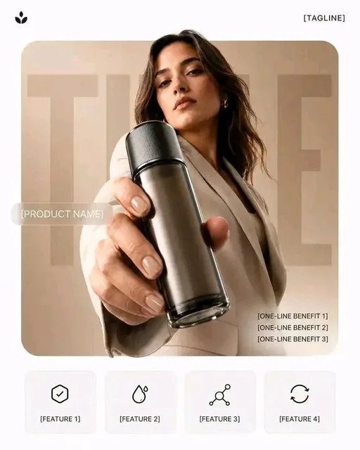 A photorealistic premium product campaign poster in a 4:5 vertical aspect ratio. A confident model is slightly behind a sharply focused product, presented with a strong perspective
