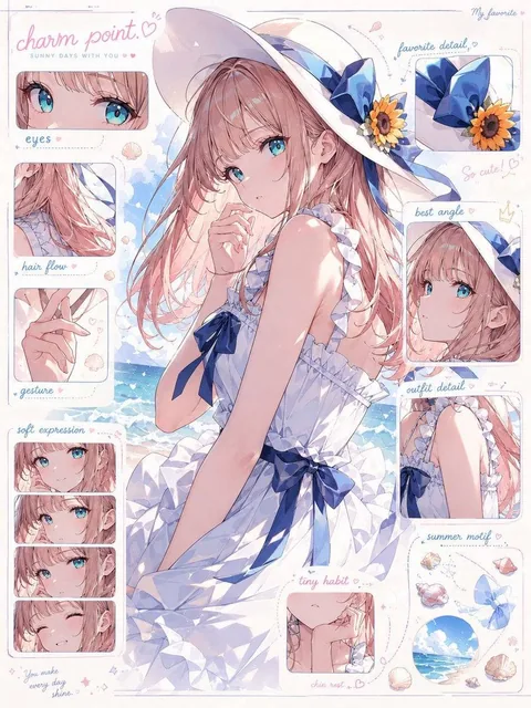 This visual breakdown analyzes a character's cuteness, highlighting design elements and emotional appeal beyond a standard profile sheet.