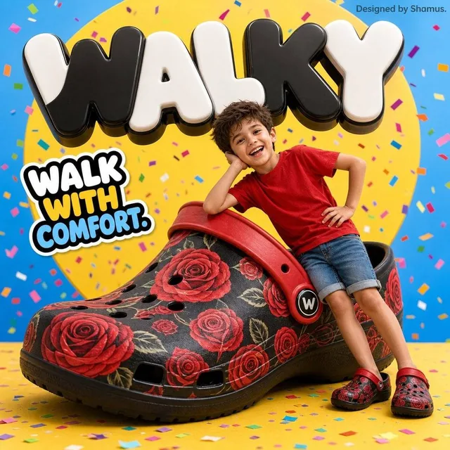 A vibrant children’s shoe advertisement poster featuring a joyful 7-year-old boy leaning energetically on top of a giant