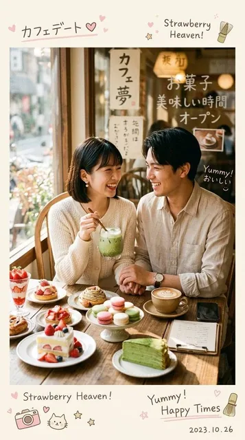 Ultra-realistic cozy Japanese-Korean café photography featuring a cute young [Japanese/Korean] couple sitting together n