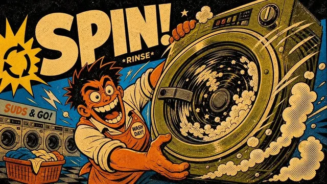A comic poster with a subject in action, interacting with a large prop, featuring bold text, halftone dots, and a distressed screen-print texture in vibrant colors.