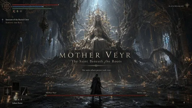 Create a premium, highly believable Boss Fight Intro Screen for an imaginary game called BLACK RELIQUARY, featuring a bo