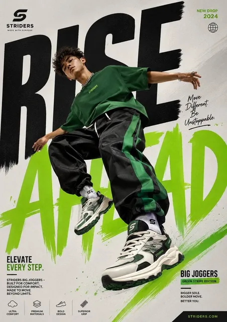 Generate a perfectly graphic designed poster of Shoe advertisement, The character should be in the Air with a pose that