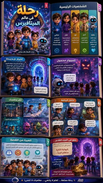 Create a large Arabic infographic in the form of a small three-dimensional children's storybook, resembling Pixar's cine