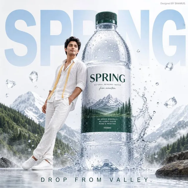 A premium mineral water advertisement poster featuring a fresh-faced young man in a relaxed white and yellow linen outfi