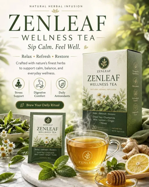 Create a premium wellness advertising poster for a tea brand. Design it as a polished commercial poster with a clean, mo