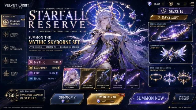 Create a premium, highly believable Lootbox / Capsule Drop Ad for an imaginary drop called STARFALL RESERVE.