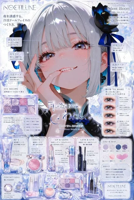 This AI-generated visual transforms original character art into a hyper-detailed fictional cosmetic brand advertisement and makeup recipe poster.
