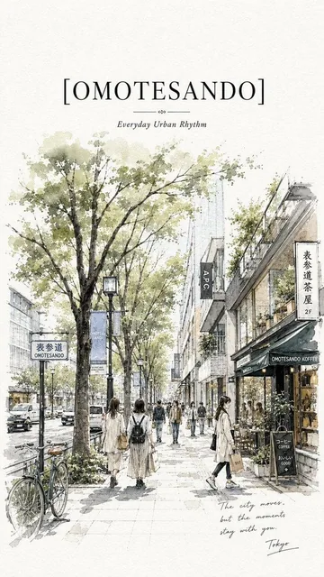 Minimalist ultra-high-resolution travel sketch poster of Omotesando, Tokyo, on clean white sketchbook paper with subtle