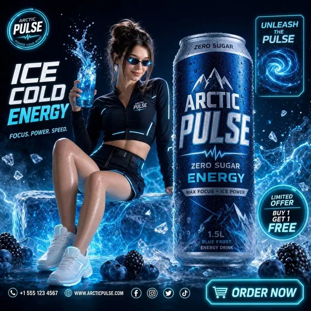 A high-end commercial beverage advertisement for "Arctic Pulse Energy Drink" — ultra cinematic, premium studio setup wit