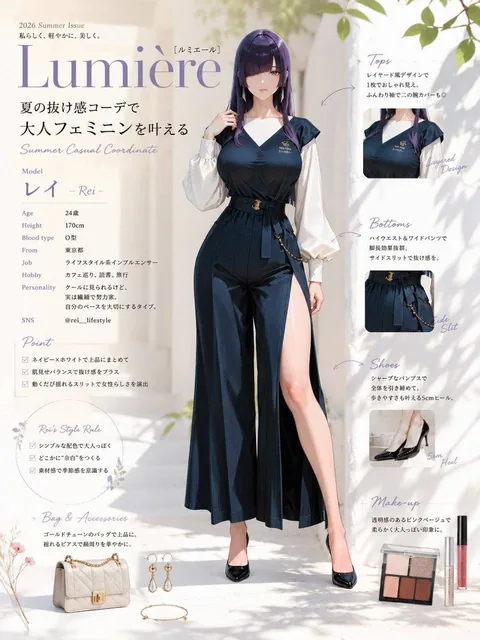 A stylish young woman with sleek, dark violet hair stands in a minimalist, sun-drenched outdoor setting, embodying a sop