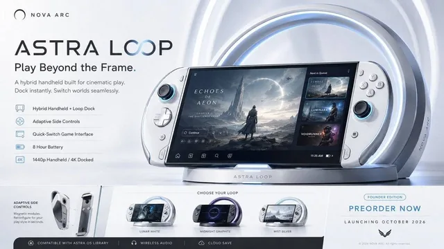 Create a premium, highly believable Fictional Console / Handheld Ad for an imaginary gaming device called ASTRA LOOP.