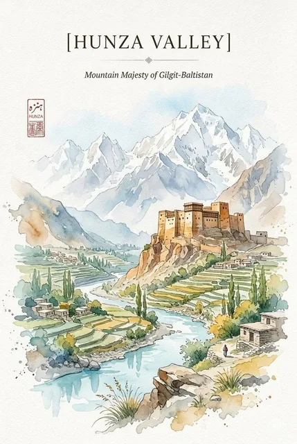 Watercolor travel poster that harmonizes the rugged heritage of the Hunza Valley with the serene alpine charm of Switzer
