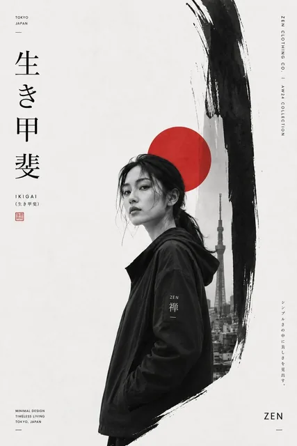 Create a premium Japanese-inspired minimalist fashion editorial poster featuring a stylish young woman as the main subje