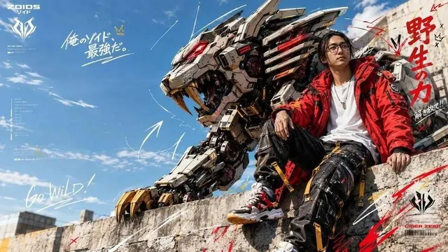 Full-body fashion editorial shot taken from a slightly low angle, emphasizing dominance and presence. A confident young