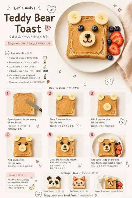 Create a realistic children’s food-art recipe infographic in a minimalist Japanese/Korean café aesthetic. The design sho