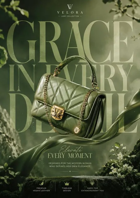 Generate a breathtaking luxury product advertisment of hand bag for girls, be creative with proper text and a big perfec