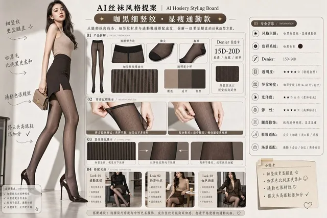 请生成一张横向 4:3 的中文版「AI丝袜风格提案 / AI Hosiery Styling Board」图片。