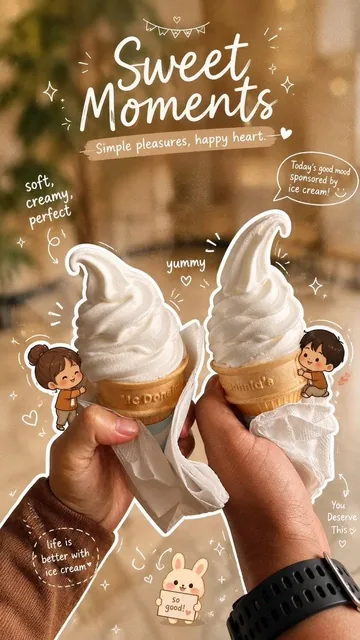 Close-up aesthetic photo of two hands holding vanilla soft serve ice cream cones, cozy warm cafe lighting, creamy textur