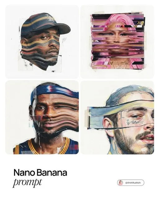 A surreal mixed-media portrait of [PERSON], set against a clean, plain white background with visible fine-grain paper te