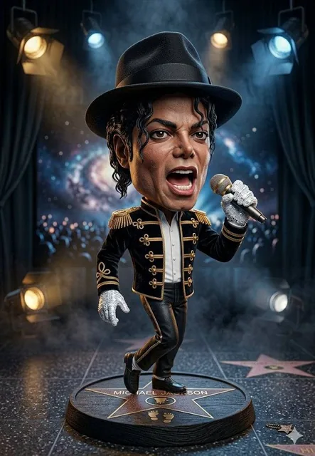 A hyper-detailed 3D caricature figurine of a legendary pop music icon, bobblehead chibi style. Character in iconic black