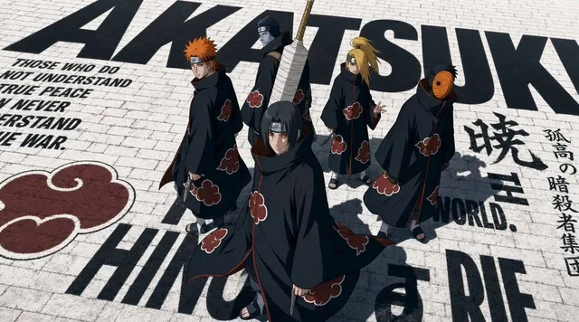 Five handsome Akatsuki members from Naruto standing at the center of a vast black-and-white typography ground, high-angl