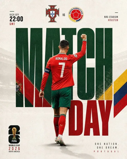 Ultra-realistic football match day poster design, Cristiano Ronaldo seen from the back wearing Portugal red jersey numbe