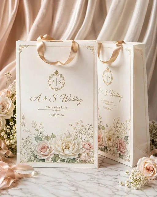 Create a high-end luxury wedding gift bag mockup in a clean premium studio setting.