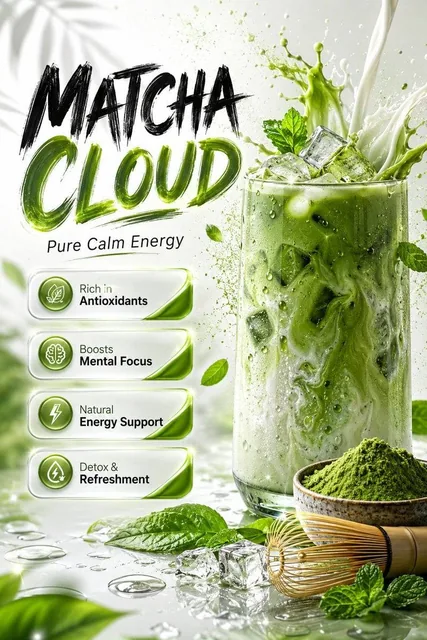 Ultra-realistic premium matcha beverage advertisement poster design, luxury wellness drink campaign style, clean white b