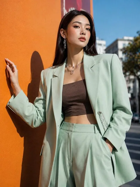 Using the provided reference image, create an ultra-realistic Korean street-fashion editorial portrait of a stylish youn