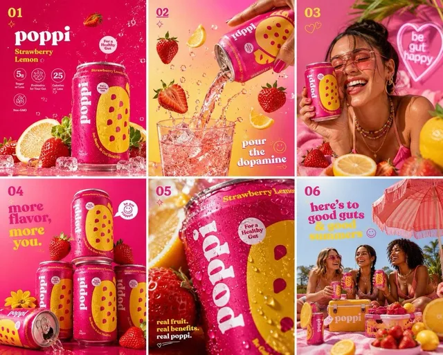 Ultra vibrant Poppi Strawberry Lemon soda hero shot, hot pink seamless background, oversized glossy strawberries and sli