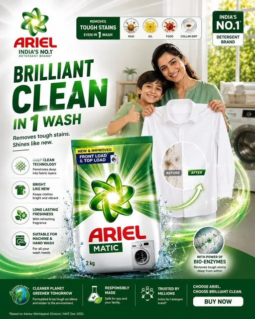 Hyper-realistic Tide detergent advertisement featuring a young Indian mother holding a perfectly clean white shirt in a sunlit modern laundry room, with the Tide pack prominently d
