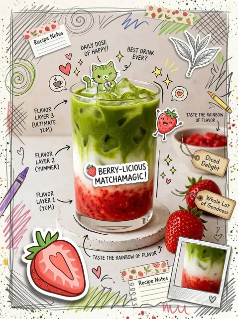 Cute scrapbook-style food photography poster, aesthetic matcha latte drink flatlay, kawaii cafe design, layered iced mat