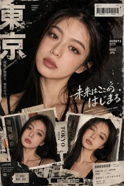 Create a bold Y2K Japanese street-editorial collage poster with a clean high-fashion magazine aesthetic, gritty paper te
