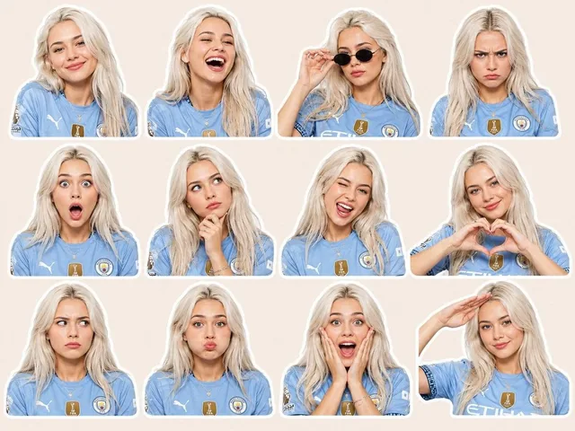 A high-quality premium sticker pack featuring the same young beautiful English woman in 12 different expressive poses an