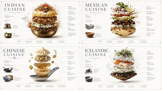 2x2 grid, 16:9, do this for Indian, Mexican, Chinese, and Iceland cuisines: INPUT: [FOOD / DRINK / CUISINE / INGREDIENT