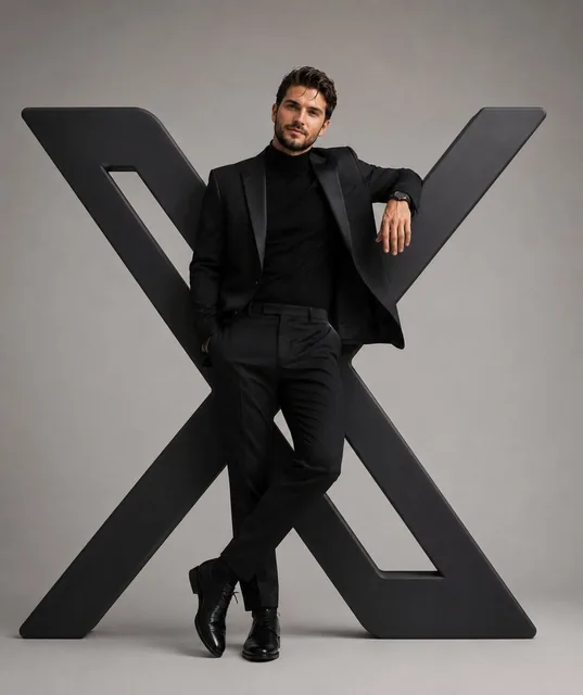 A hyper-realistic editorial photograph of a stylish man confidently interacting with the oversized logo of [Facebook]. T