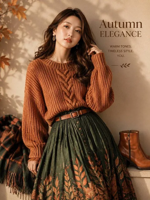 Ultra-realistic autumn fashion editorial poster featuring a beautiful East Asian woman posing indoors against a warm bei