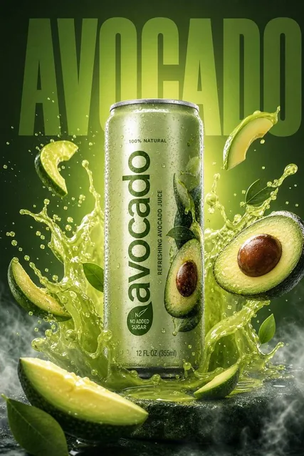 A high-resolution, vibrant product ad featuring a (avacado ) flavored beverage can. Place the can (image) vertically in