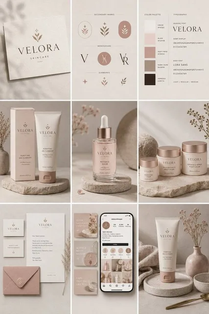 Create a complete brand identity presentation for an original premium skincare brand called "VELORA". Show a cohesive 3x
