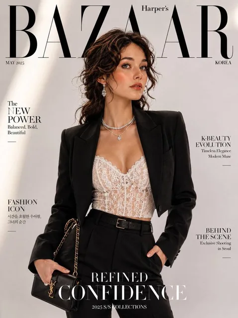 Using the provided reference image, create an ultra-realistic luxury fashion magazine cover featuring an elegant Korean