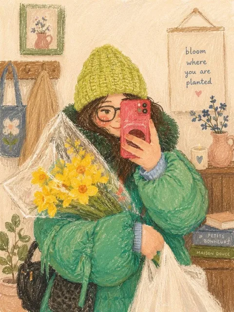 Cute cozy oil pastel illustration, soft textured crayon art style, aesthetic girl selfie portrait, warm cottagecore bedr