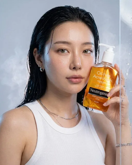 Ultra-realistic luxury skincare advertisement for Neutrogena Oil-Free Acne Wash, premium commercial product photography,