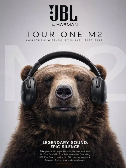 Ultra realistic commercial poster of a massive brown grizzly bear peacefully enjoying music while wearing sleek matte bl